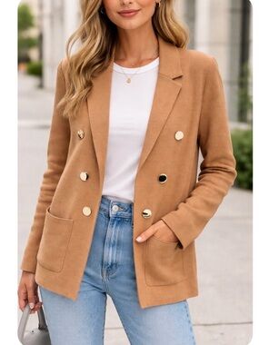 Sioni Double-Breasted Camel knit Blazer with Gold Buttons